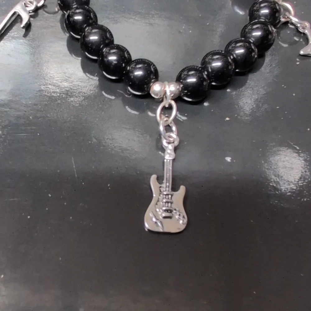 Black and Gray Beaded Rock And Roll Bracelet with Charms - Picture 2 of 4